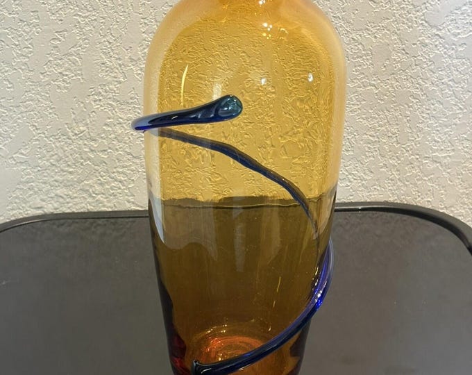 Blenko Amber Glass Vase with Cobalt Swirl 2016