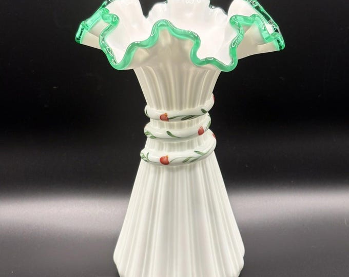 Fenton Art Glass Hand-painted Milk Glass Wheat Vase Emerald Crest