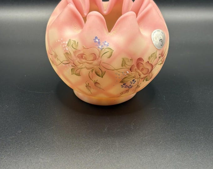 Fenton Burmese Diamond Optic Rose Bowl/ Hand Painted/Signed