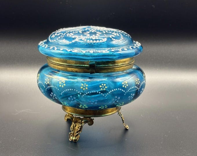 Moser Blue Glass With Enamel Hand Painting Jewelry Casket