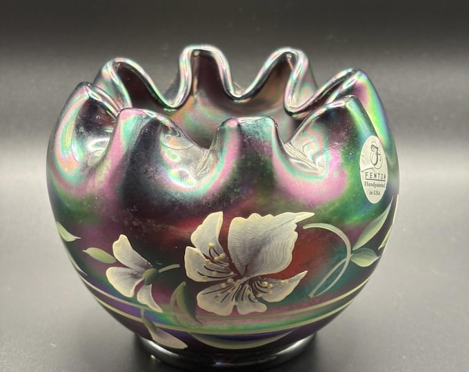 Fenton Art Glass Amethyst Carnival Glass Rose Bowl Painted and Signed