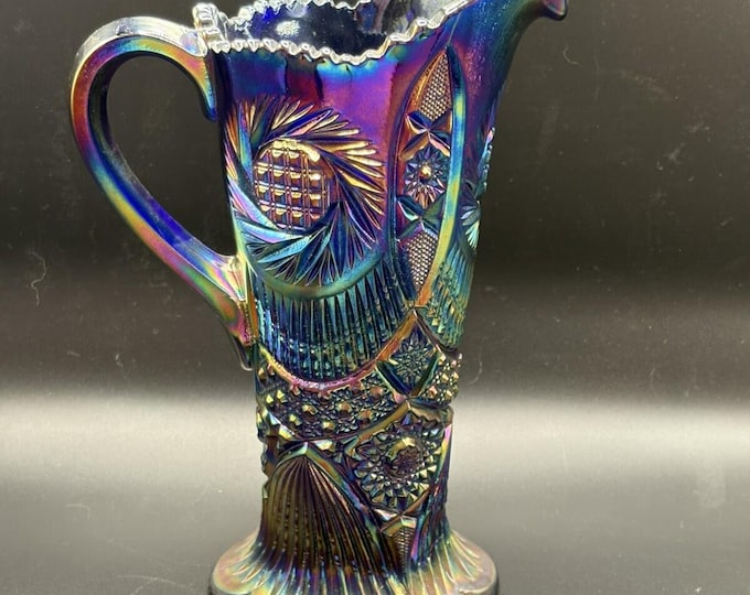 Fenton Cobalt Blue Marigold Carnival Glass Pitcher Sunburst 9" Tall