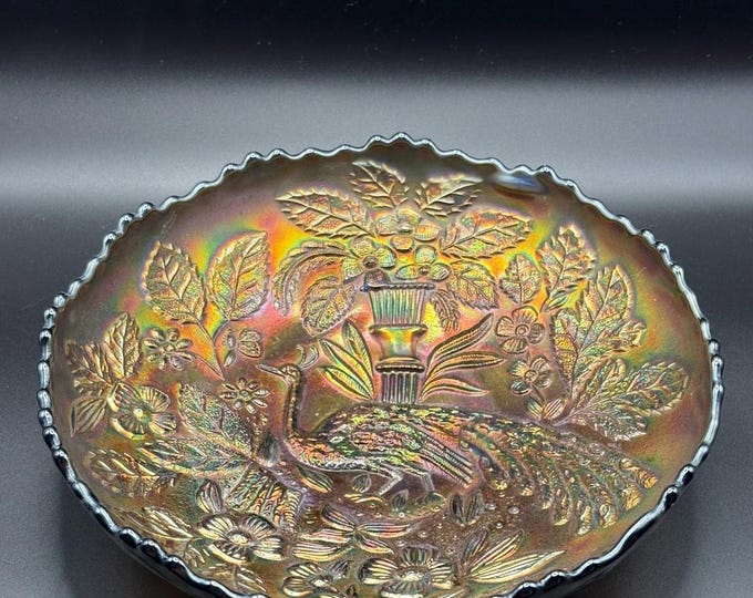 Fenton Peacock at Urn Cobalt Blue Ruffled Carnival Glass Bowl