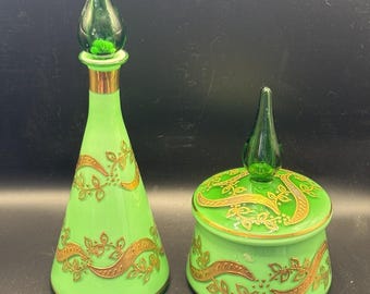 Empoli Cased Green Glass Perfume Bottle And Matching Lidded Dish/ HP