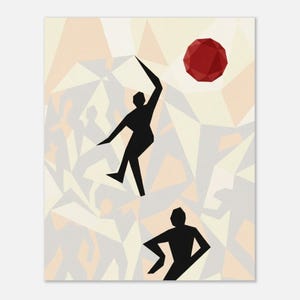 Può includere: Stampa artistica astratta con due figure nere a silhouette, una che si protende verso una forma geometrica rossa. Lo sfondo è un motivo di forme geometriche beige, arancioni e bianche. L'opera d'arte ha uno stile moderno e minimalista.