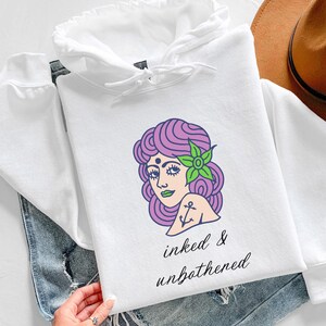 Inked and Unbothered Purple Hair Tattoo Lover Hoodie