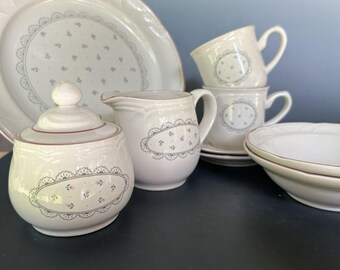 Juego de cerámica vintage victoriana japonés de 1988 - 9 piezas - Rosa rosa y encaje gris