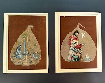 Vtg Hand Painted Leaf Art India Religious Nativity Wall Decor Set 2 Signed