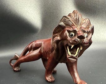 VTG Statua di leone in legno massello intagliata a mano, ruggente e ringhiante, regalo per il segno zodiacale del Leone