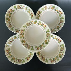 May include: Five off-white ceramic plates with a decorative border featuring a fruit and foliage design. The border includes pineapples, pears, and other fruits in shades of yellow, green, and brown. The plates are arranged in a circular pattern.