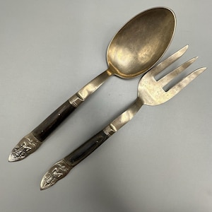 Vintage Siam Thailand Bronze Large Salad Servers Thai Goddess Wood Handles 9,5