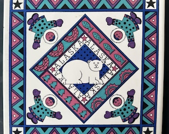 Vintage IAAC Alaska keramische onderzetter tegel ijsbeer Inuit muurkunst