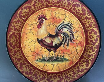 Plato decorativo vintage de granja KIRKLAND de 26 cm (10,25") con gallo y borde dorado.