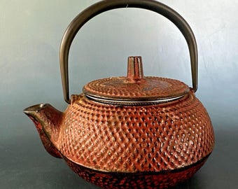 VTG Japanese Cast Iron Teapot Tetsubin Hobnail Red Black Nanbu Bunshudo Signed