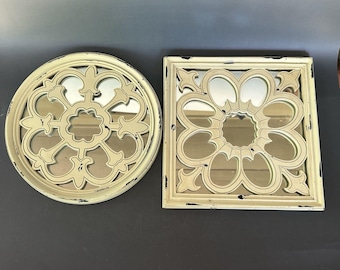VTG Gothic Rose Round Square Mirror Set Of 2 Distressed Ivory Wall Decor ~10