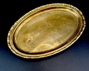 Vintage Brass Faux Bamboo Oval Vanity Tray Hollywood Regency MCM Catchall 10.25