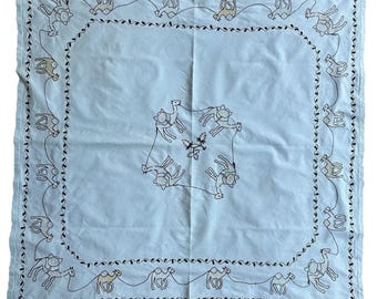VTG Samarkand Suzani Uzbek Embroidery Tablecloth Blue Camel Caravan 43x41