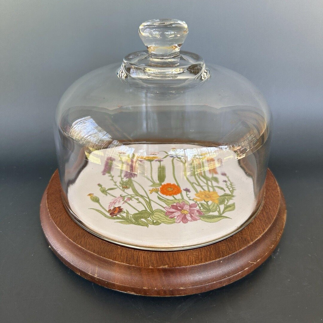 Vintage Floral Glass Cloche Dome W/ Wooden Base - Wildflowers Display ...