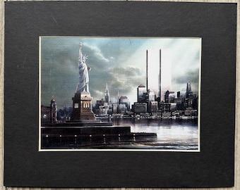 Twin Towers NYC Skyline Mat Wall Art Statue Liberty Print Dark Academia Decor