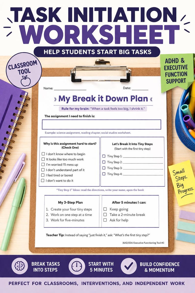 ADHD Task Initiation Classroom Worksheet | Break Tasks Into Steps ...