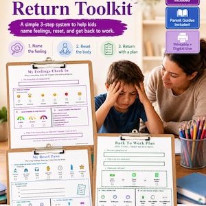 Puede incluir: El Reset & Return Toolkit, un sistema de 3 pasos para niños. El diseño morado y blanco incluye herramientas, guías para padres y uso digital imprimible. El kit de herramientas ayuda a los niños a nombrar sentimientos, restablecerse y volver al trabajo. Se ve a un niño y a un adulto.