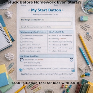 May include: A printable task initiation tool for kids with ADHD, featuring a worksheet with prompts to help with starting homework. Includes a digital clock, pencils, paperclips, and other school supplies.