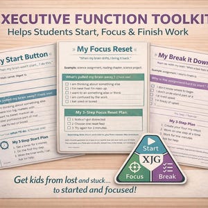 Puede incluir: Kit de herramientas de función ejecutiva con hojas de trabajo tituladas "My Start Button", "My Focus Reset" y "My Break it Down Plan". También se incluye un gráfico triangular con "Start", "Focus" y "Break". El texto dice: "Get kids from lost and stuck... to started and focused!"