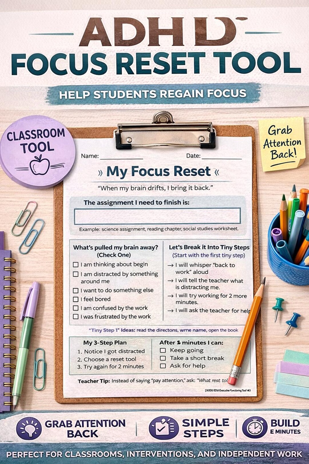 ADHD Focus Reset Tool | Classroom Task Initiation Worksheet (digital ...