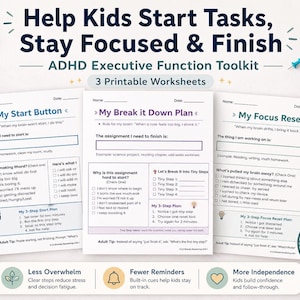 ADHD Executive Function Toolkit for Kids | Task Initiation Tool, Focus Reset, & Task Breakdown Worksheets