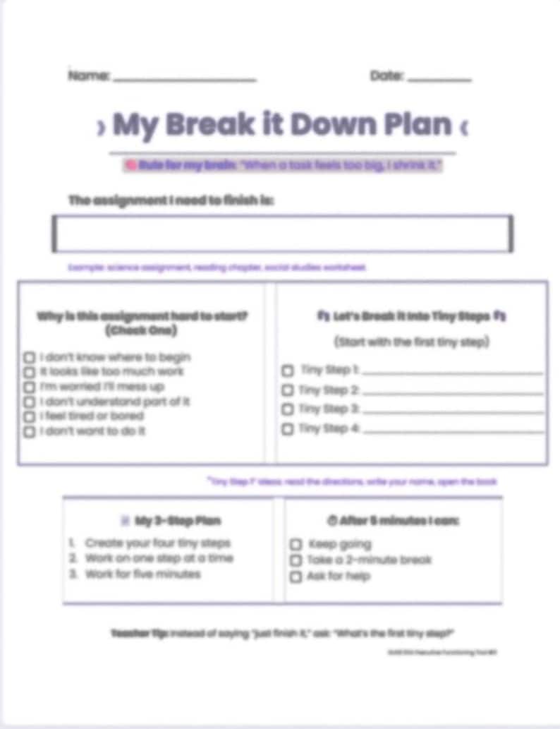ADHD Task Initiation Classroom Worksheet | Break Tasks Into Steps ...