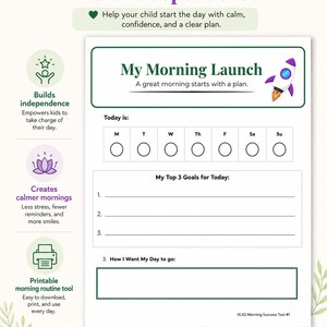 May include: A printable morning routine planner titled My Morning Launch with a rocket graphic. It includes a weekly calendar with circles for days of the week, a section for Top 3 Goals for Today, and a box for How I Want My Day to go.