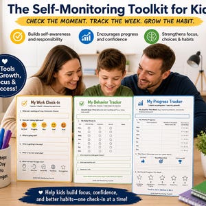 May include: A set of three white, green, and blue printed tracking boards titled My Work Check-In, My Behavior Tracker, and My Progress Tracker, accompanied by a white pen holder with the text Small Steps Every Day Lead to Big Changes.