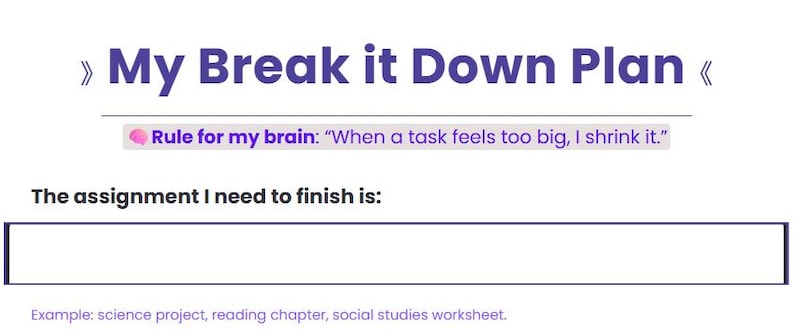 Assignment Breakdown Worksheet ADHD Task Breakdown Tool for Kids | Executive Function Worksheet ...