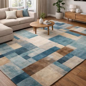 Handmade Hand-Tufted Geometric Wool Area Rug, 5x8 Blue Beige Modern Abstract Carpet, Cotton Backing Medium Pile Living Room Decor