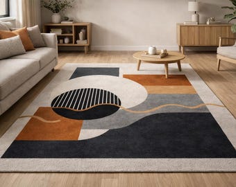 Handgetuft wollen abstract tapijt 8 x 10, beige zwart roest geometrisch vloerkleed, modern woonkamertapijt, Scandinavisch decor