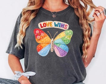 Comfort Colors® Love Wins Shirt, LGBTQ Tee, Rainbow Butterfly Shirt, Patchwork Equality Tshirt, Inclusive Gift Tee, ONLY PRINT