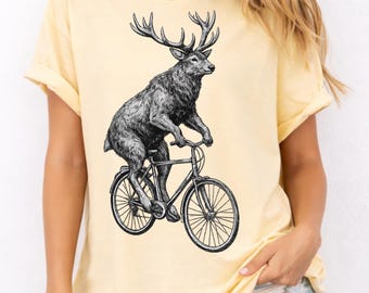 Comfort Colors® Deer Bicycle Shirt, Funny Animals Tee, Cyclist Gift Tshirt, Wild Rider Shirt, Vintage Stag Tee, Nature Lovers Tshirt