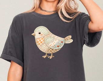 Patchwork Bird Shirt Vintage Cottagecore Nature Tee Cute Fabric Art Graphic Comfort Colors Soft Aesthetic Animal Lover Gift, PRINT ONLY