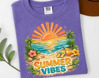 Chemise ambiance été couleurs confort, t-shirt plage coucher de soleil, t-shirt vacances tropicales, chemise océan côtier, t-shirt Palm Paradise, chemise Sunny Island