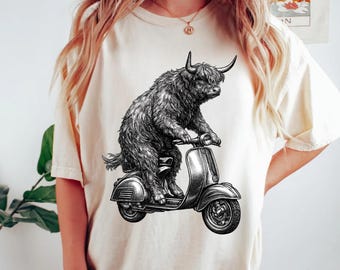 Highland Cow Shirt, Cow Lover Tee, Funny Cow Shirt, Highland Cattle Bull Tee, Scooter Cow Tee, Farm Animal Tee, Gift For Her Shirt, Bull Tee