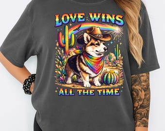 Love Wins Shirt, LGBTQ Corgi Tee, Pride Gift Shirt, Rainbow Cowboy Tshirt, Queer Ally Tee, Equality Dog Shirt, Pride Month Tee