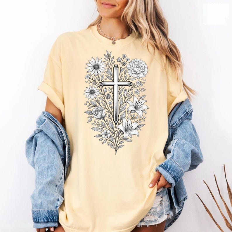 Christian Floral Cross Shirt Faith Jesus Lover Bible Verse Church Graphic Tee Religious Gift Christianity Women Vintage Worship Apparel afbeelding 6