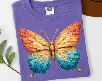 Chemise papillon couleurs confort, t-shirt ailes d'aquarelle, t-shirt bohème insecte, chemise nature colorée, t-shirt d'été artistique