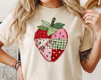 Strawberry Shirt, Patchwork Quilted Farmhouse Berry Tee, Rustic Gingham Floral Cottagecore Fruits, Vintage Print, PRINT ONLY