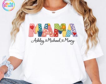 Custom Mama Shirt Personalized Mom Gift Mothers Day Shirt Custom Kids Names Shirt Mom Life Tee Patchwork Floral Cute Vintage Style Top
