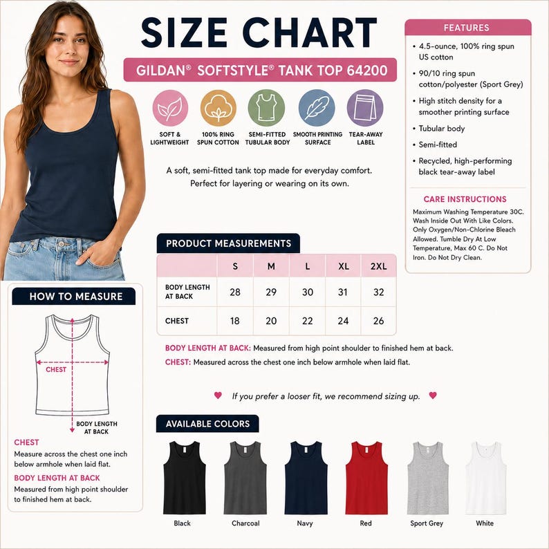 May include: A navy blue Gildan Softstyle tank top, size chart, and color options are displayed. The chart provides measurements for chest and body length in inches. Available colors include black, charcoal, navy, red, sport grey, and white.