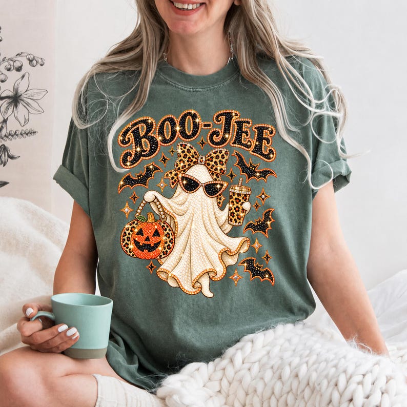 May include: A sage green t-shirt featuring a graphic of a ghost wearing a leopard print bow and sunglasses, holding a leopard print pumpkin and a matching cup. The text BOO-JEE is printed above the ghost, surrounded by small black bats and stars.