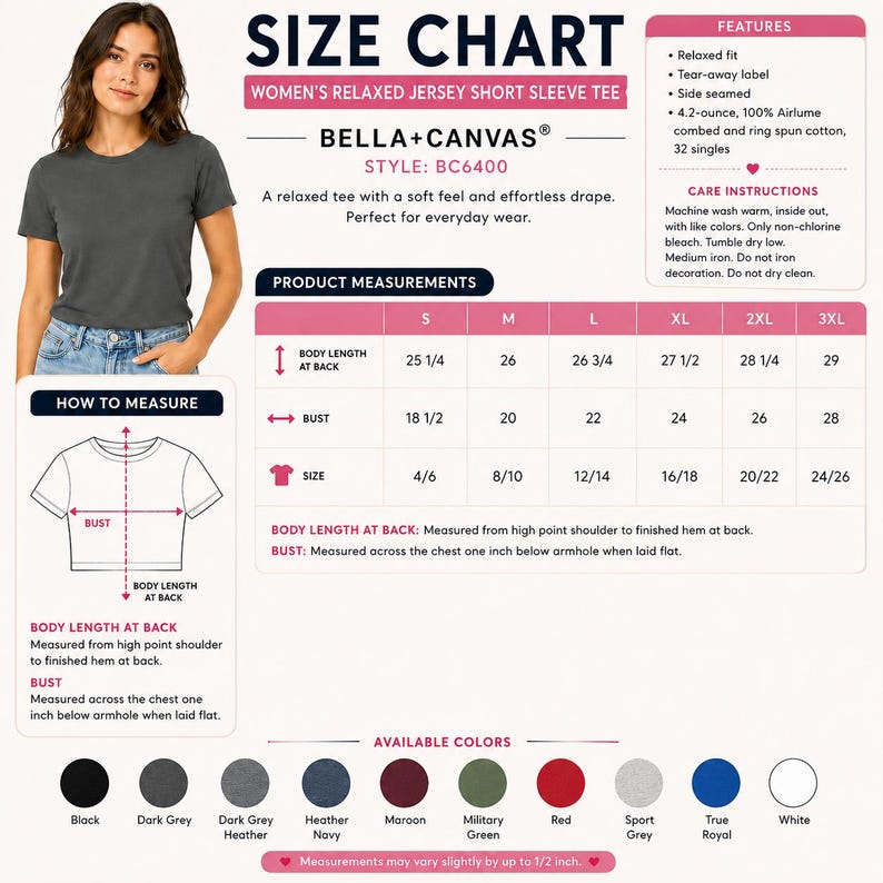 May include: A woman wearing a dark grey short sleeve tee shirt. The image includes a size chart for women's relaxed jersey short sleeve tees, with measurements in inches, and available colors including black, red, and white.