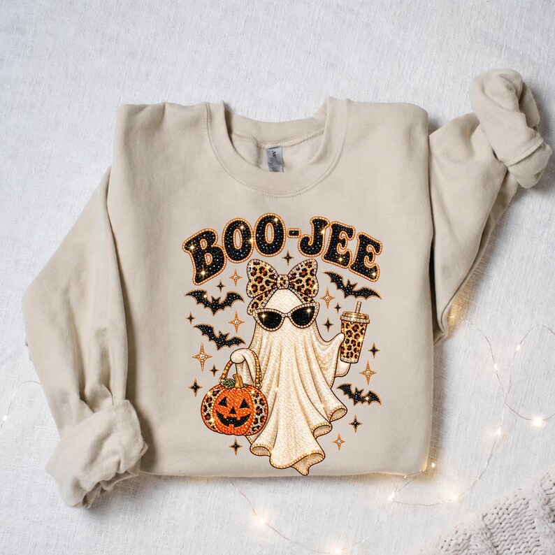 Pu&ograve; includere: Una felpa girocollo beige con la grafica di un fantasma che indossa un fiocco e occhiali da sole leopardati. Il fantasma tiene in mano una zucca e un bicchiere, circondato da pipistrelli e stelle. Il testo BOO-JEE &egrave; stampato sopra il fantasma.
