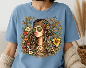 Chemise nostalgie fille hippie, t-shirt ambiance rétro groovy des années 70, t-shirt fleurs sauvages paix amour, chemises cadeaux hippies floraux colorés, chemises ambiance années 60